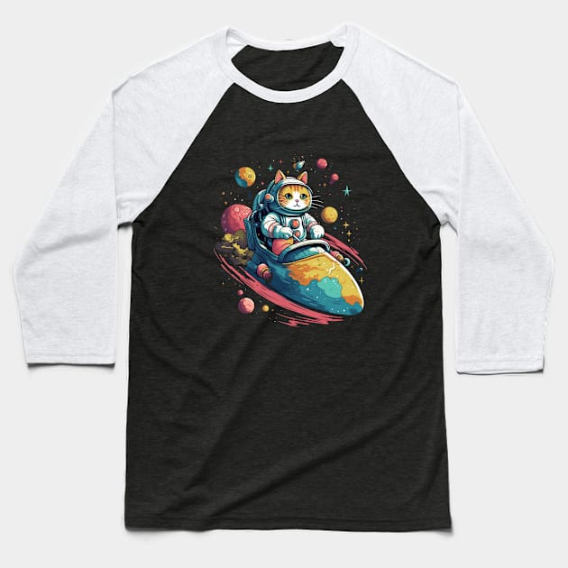 Colorful Cat Space Adventure - Whiskers Soaring on a Cosmic Rocket! Baseball T-Shirt by YUED